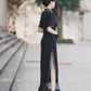 Deep blue floral qipao gown