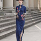 Short-sleeved blue embroidered modern qipao gown