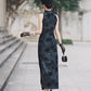 Blue sleeveless modern qipao gown