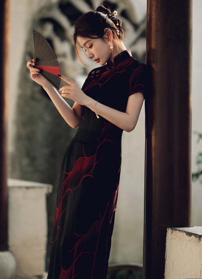 Traditional Black Full Cheongsam - Satin | Silk