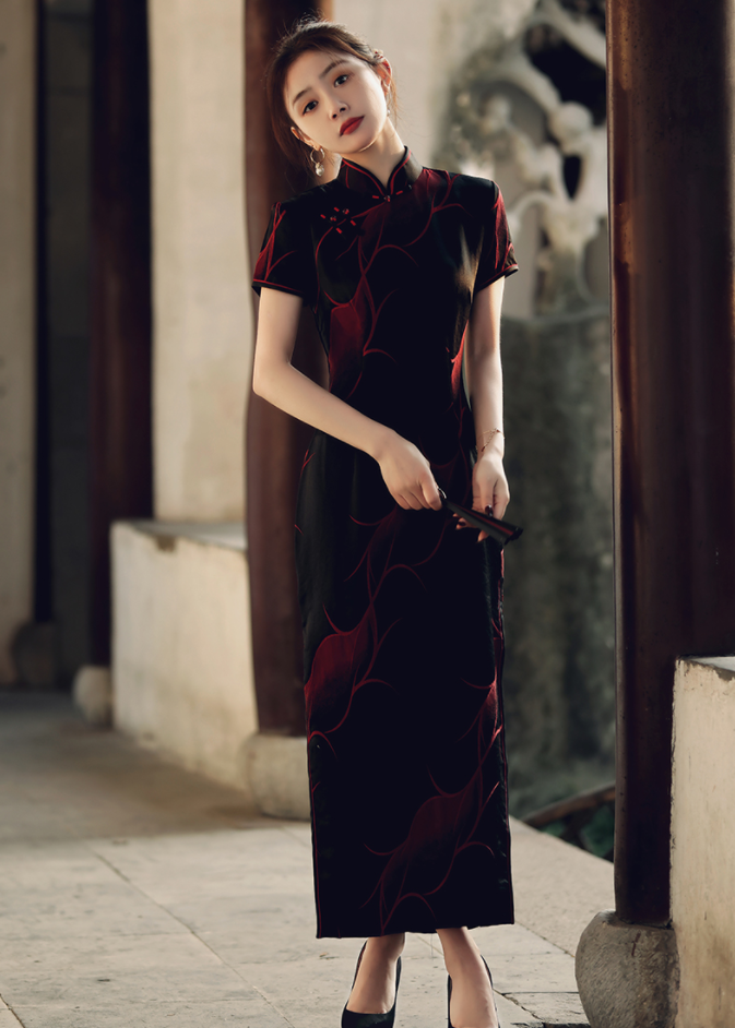 Traditional Black Full Cheongsam - Satin | Silk