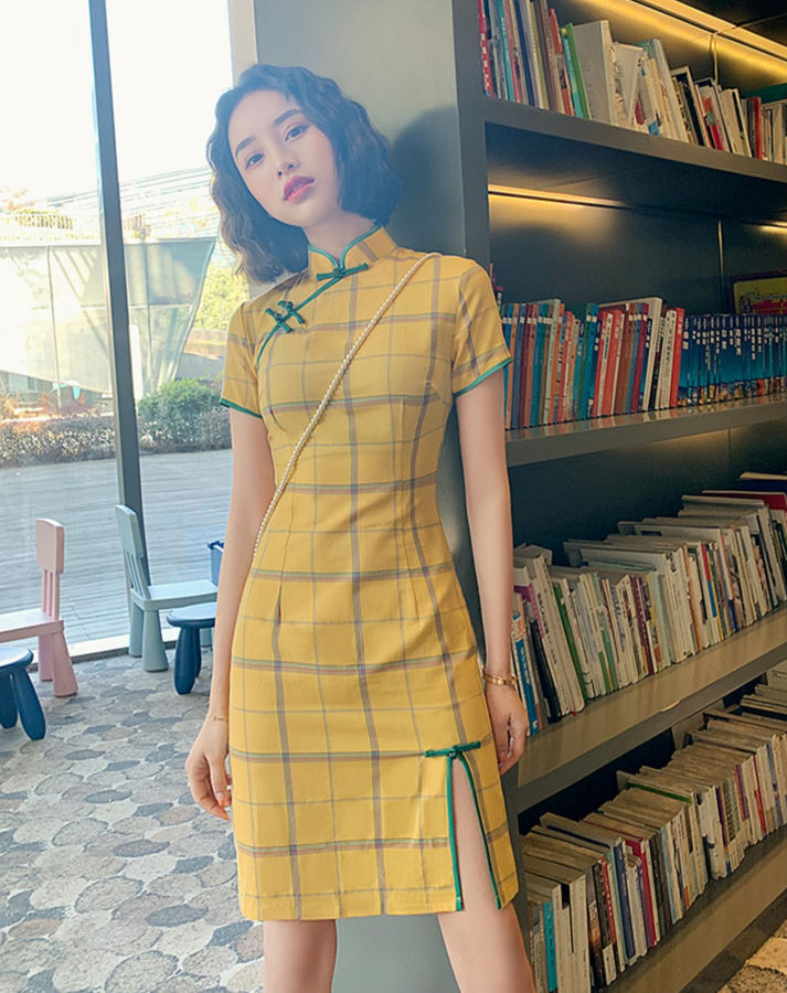Cute Plaid Short Cheongsam - Cotton