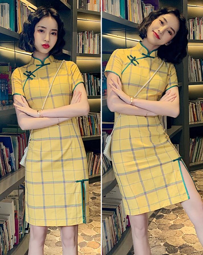 Cute Plaid Short Cheongsam - Cotton