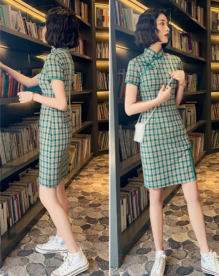 Cute Plaid Short Cheongsam - Cotton