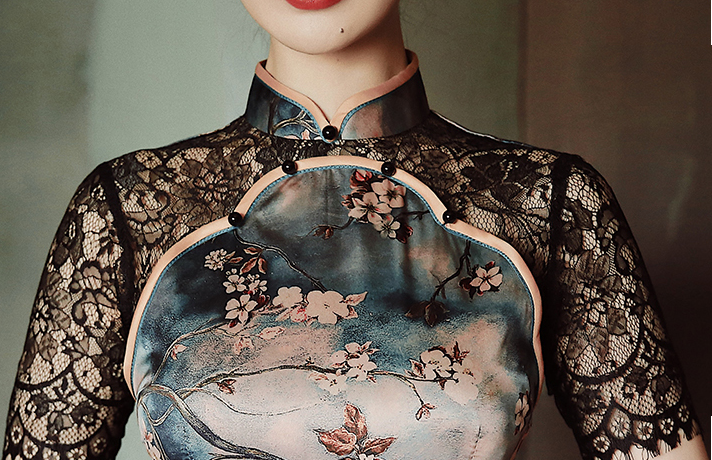 Sexy cheongsam dress with lace sleeves. Fully lined. custom dress