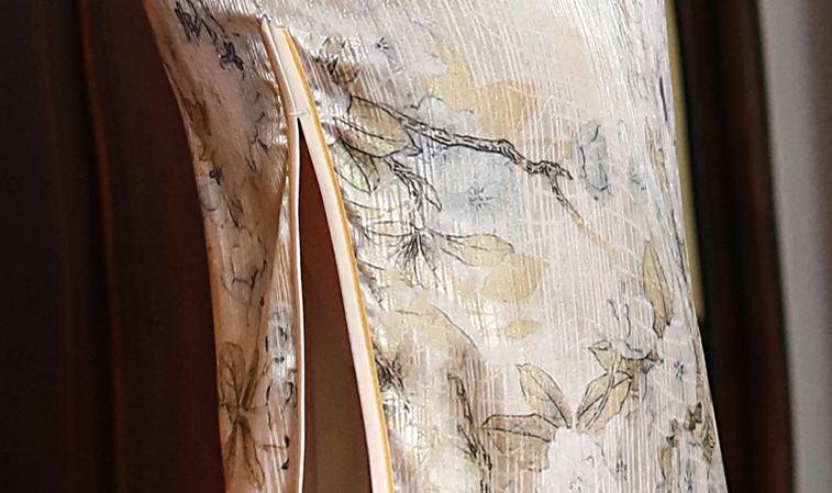 Champagne jacquard satin cheongsam. modern qipao. Silk polyester blend.