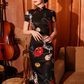 Black knee-length cheongsam dress. modern qipao. Custom dresses. Polyester and cotton blend