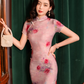 Pink summer cheongsam. Chinese dress. Bridesmaid dress. Polyester and cotton blend.