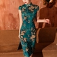 Green knee-length cheongsam dress. Fully lined. Polyester and silk blend.