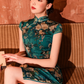 Green knee-length cheongsam dress. Fully lined. Polyester and silk blend.