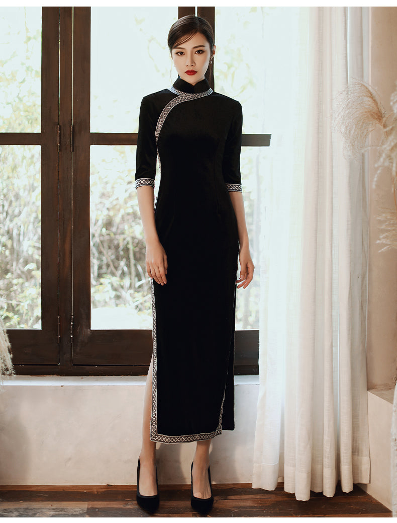 Elegant Wedding Dinner Cheongsam - Velvet - Multicolor