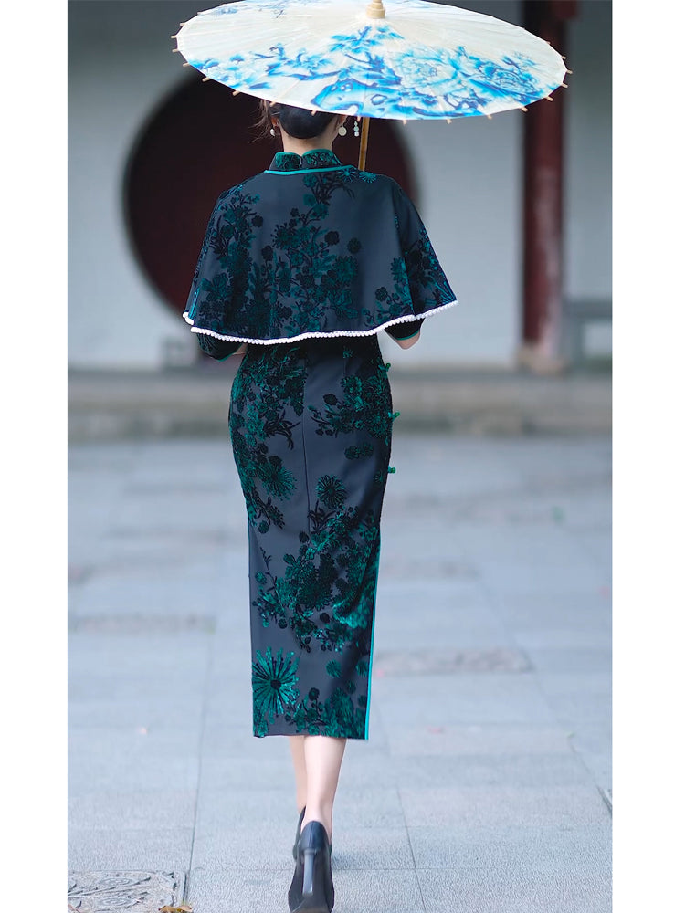 Green Velvet Cheongsam Dress | Traditional Chinese dress with shawl Velvet modern qipao evening dress|