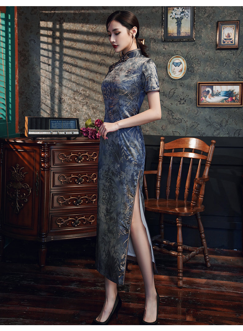 Traditional Blue Full Cheongsam Dress - Satin