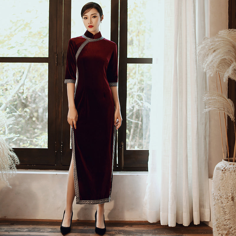 Elegant Wedding Dinner Cheongsam - Velvet - Multicolor