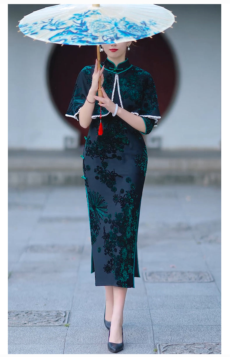 Green Velvet Cheongsam Dress | Traditional Chinese dress with shawl Velvet modern qipao evening dress|