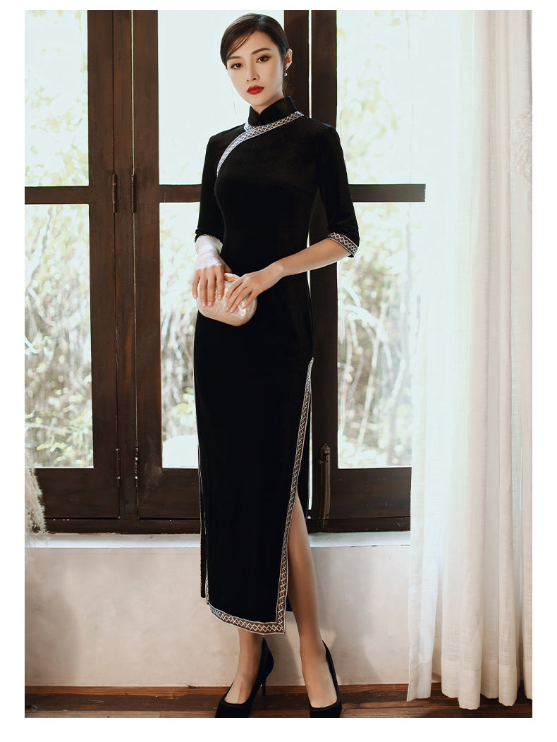 Elegant Wedding Dinner Cheongsam - Velvet - Multicolor
