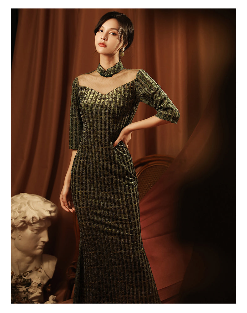 Elegant Green Full Cheongsam Evening Gown - Velvet