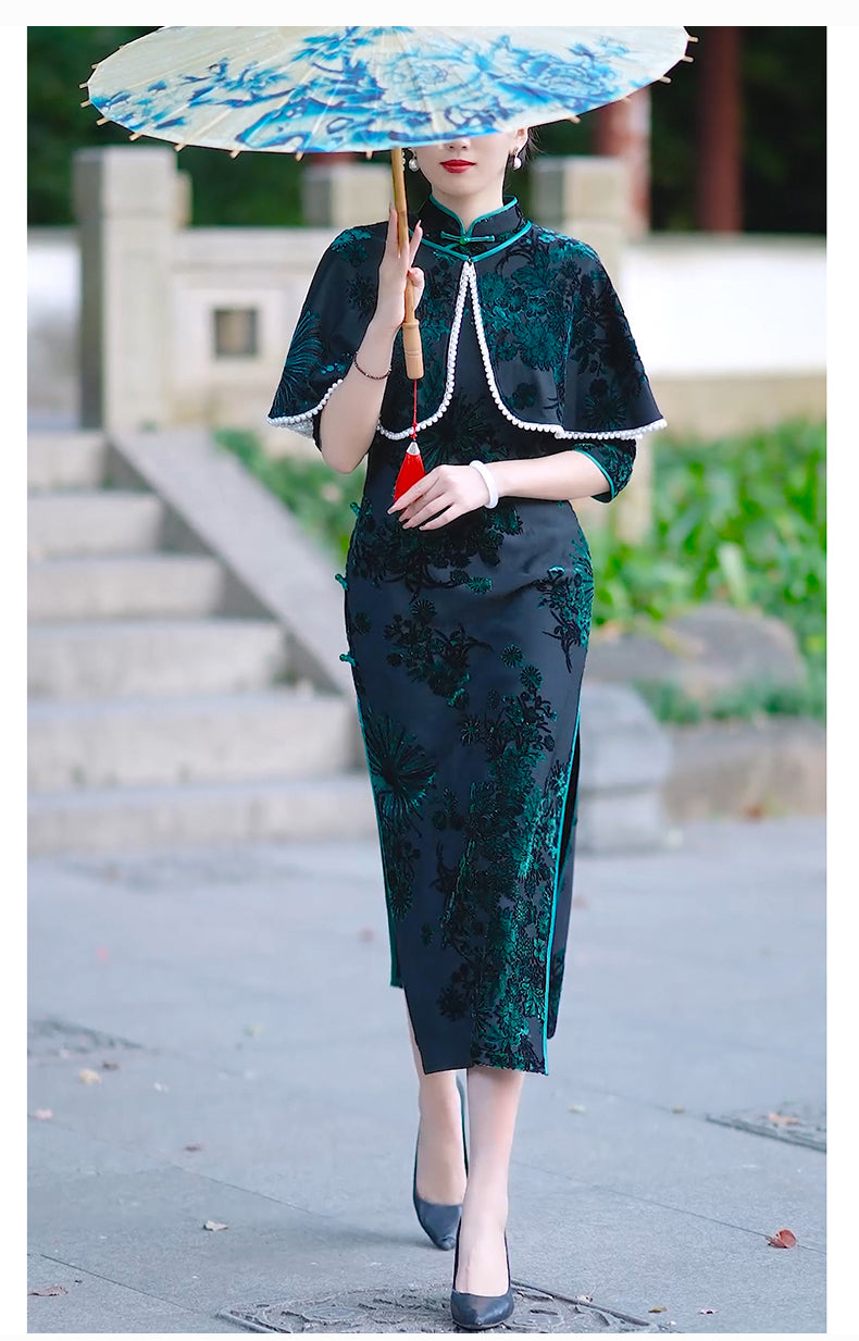 Green Velvet Cheongsam Dress | Traditional Chinese dress with shawl Velvet modern qipao evening dress|