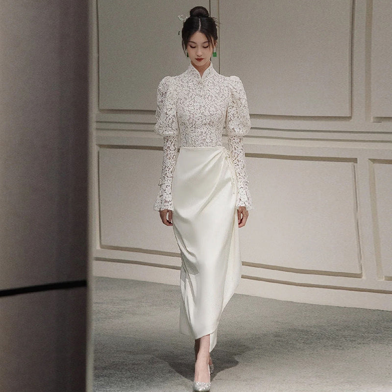 Traditional Chinese wedding dress. White cheongsam wedding dress. Modern cheongsam  dress. Lace cheongsam evening dress. Gifts for women. Bridal shower. tea  ceremony. Mandarin collar gown.  Chineseartcharm