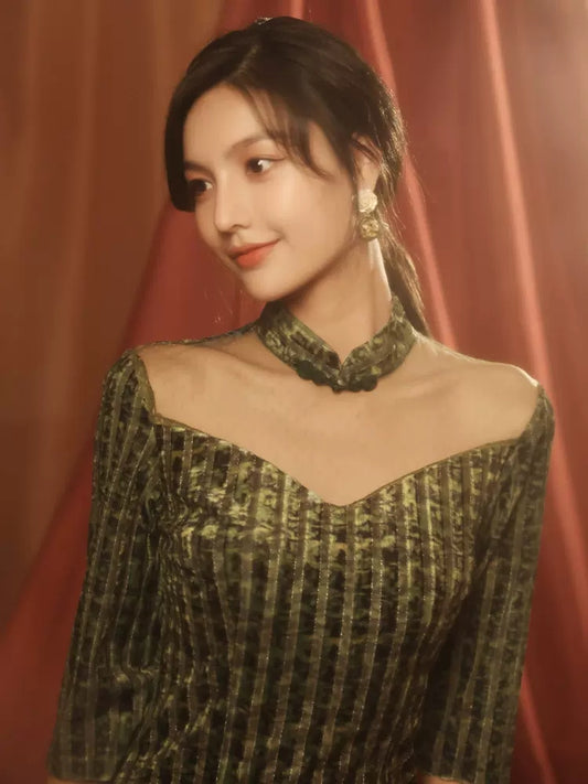 Elegant Green Full Cheongsam Evening Gown - Velvet