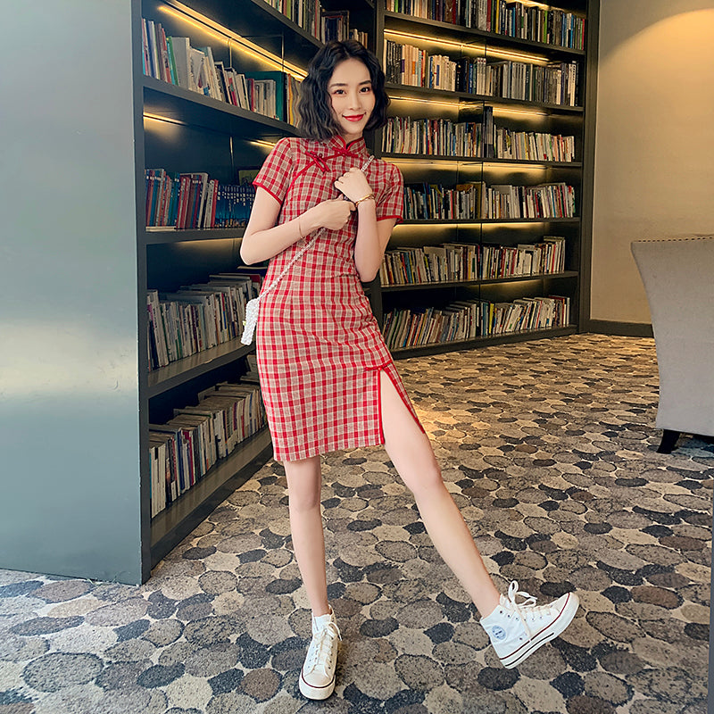Cute Plaid Short Cheongsam - Cotton