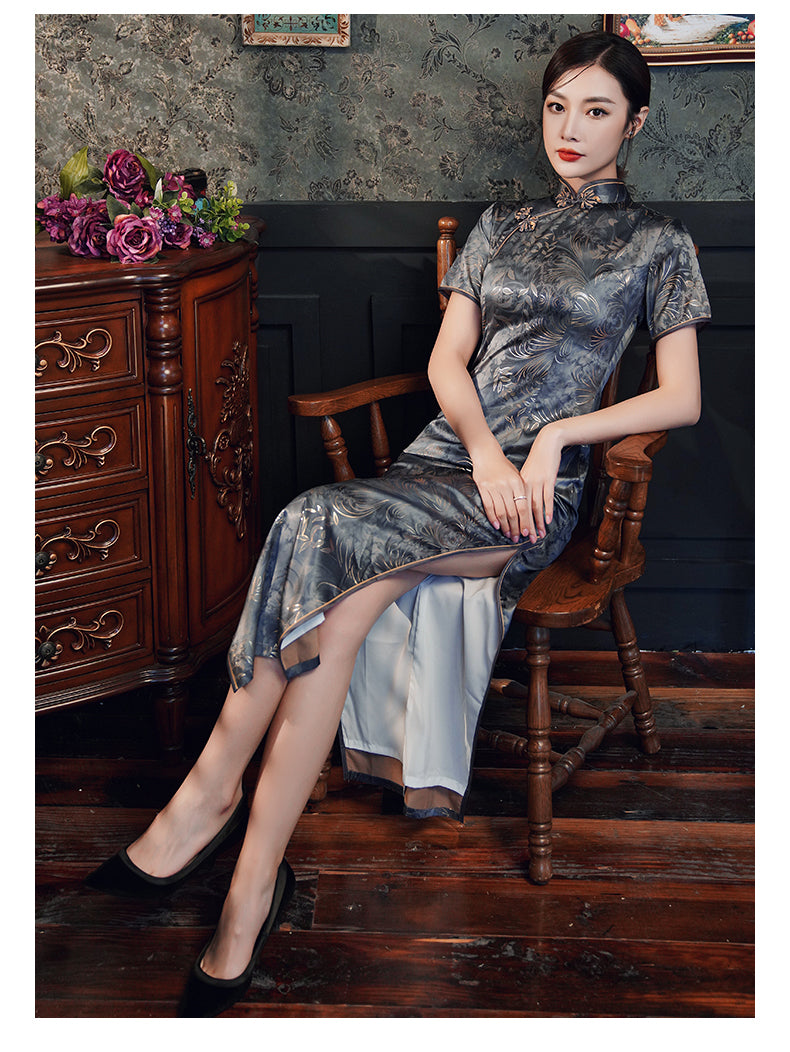 Traditional Blue Full Cheongsam Dress - Satin