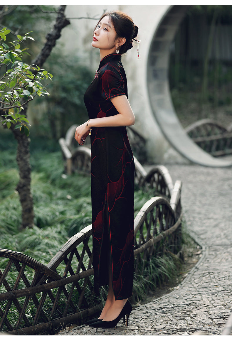 Traditional Black Full Cheongsam - Satin | Silk