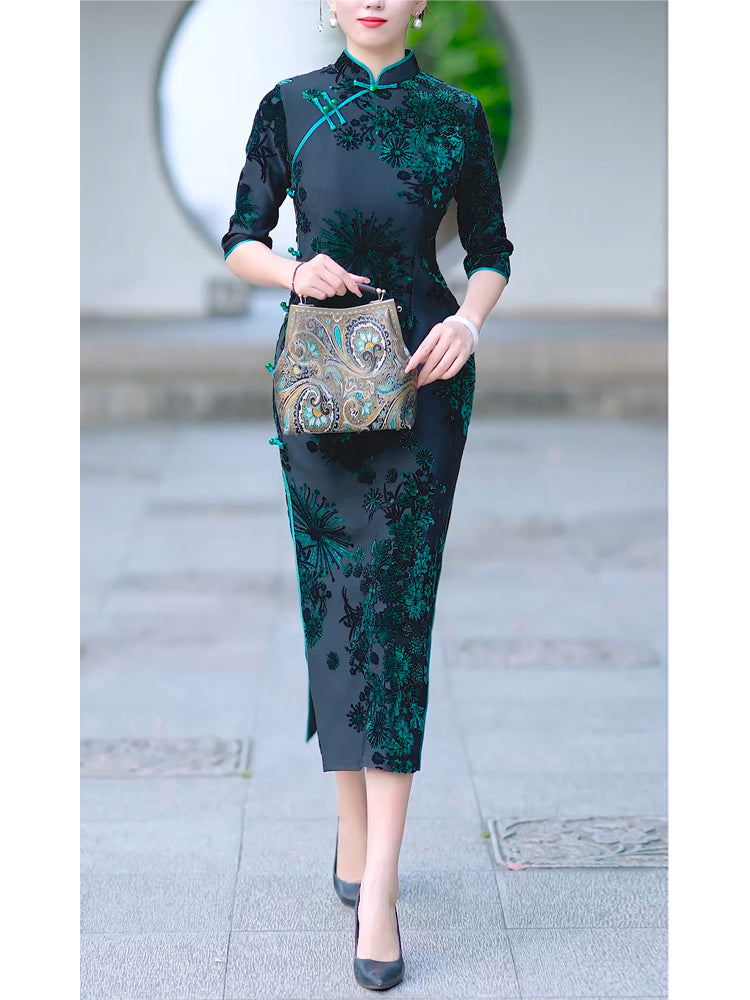 Green Velvet Cheongsam Dress | Traditional Chinese dress with shawl Velvet modern qipao evening dress|