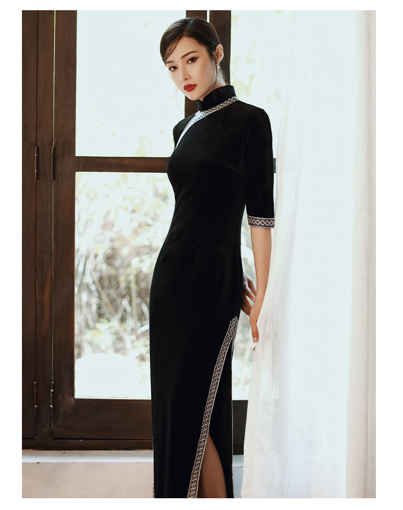 Elegant Wedding Dinner Cheongsam - Velvet - Multicolor