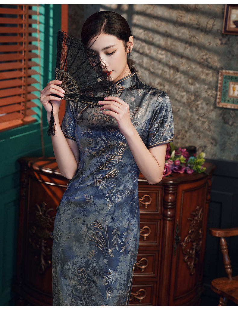 Traditional Blue Full Cheongsam Dress - Satin