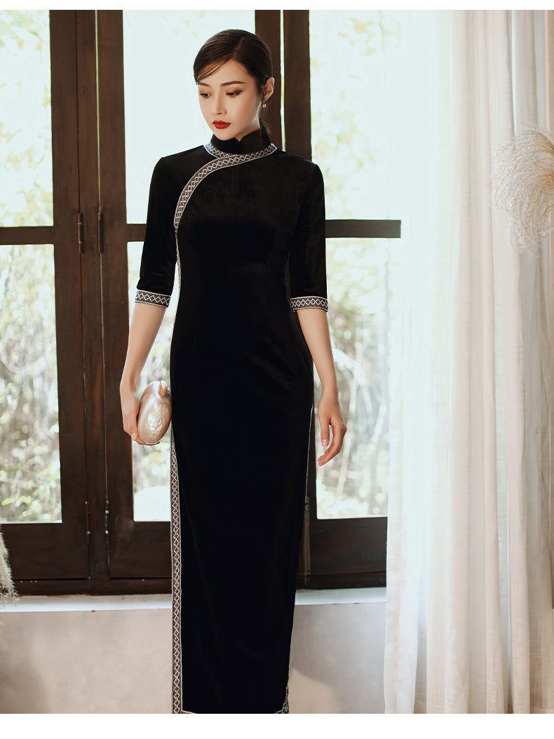 Elegant Wedding Dinner Cheongsam - Velvet - Multicolor