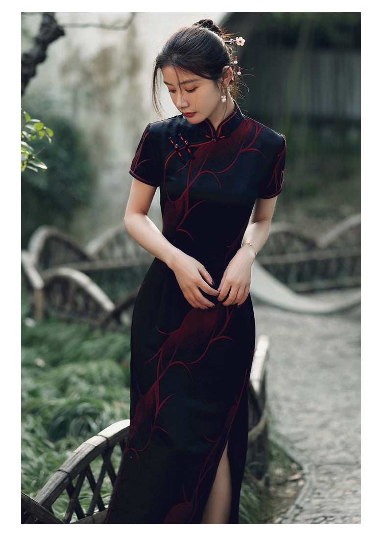 Traditional Black Full Cheongsam - Satin | Silk