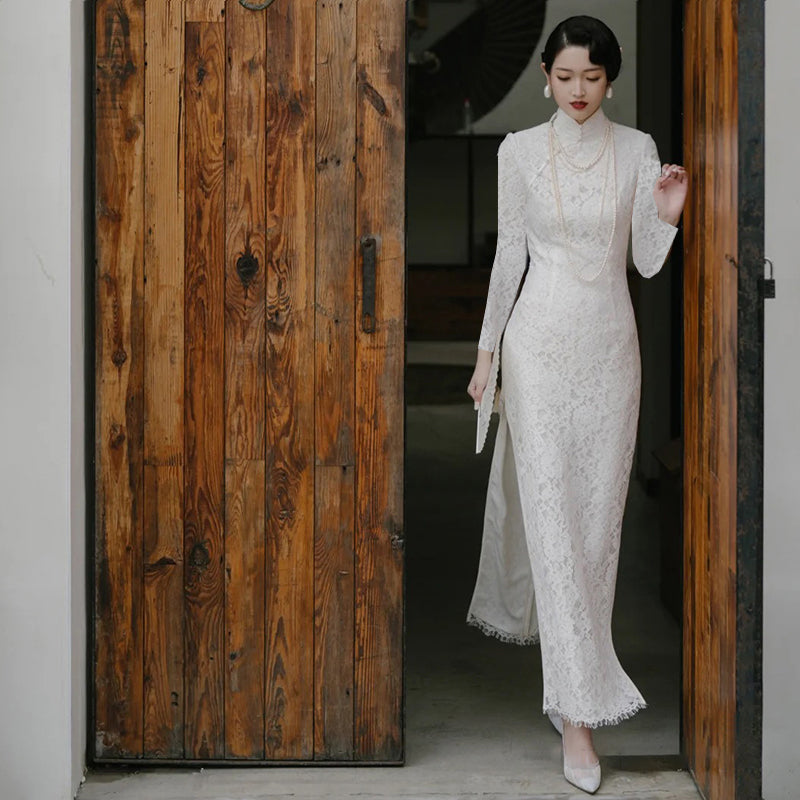 Traditional Chinese wedding dress. White cheongsam wedding dress. Modern  cheongsam dress. Lace Qipao evening dress. Gifts for women. Bridal shower.  tea ceremony. Mandarin collar gown. – Chineseartcharm