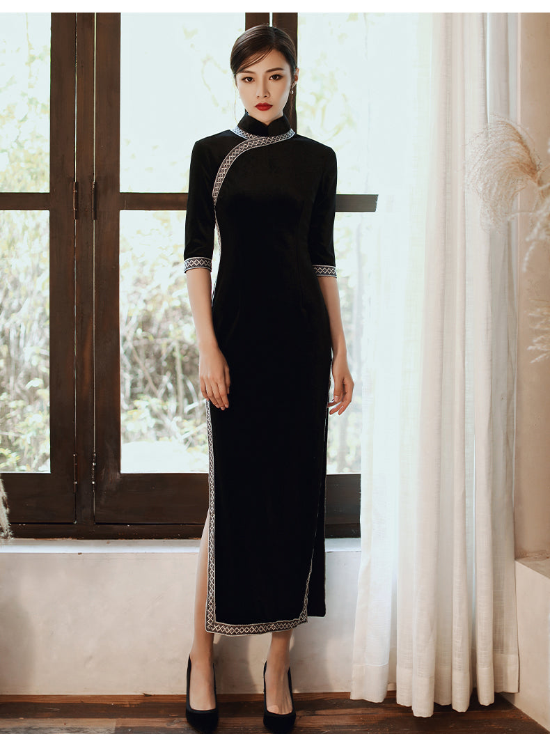 Elegant Wedding Dinner Cheongsam - Velvet - Multicolor
