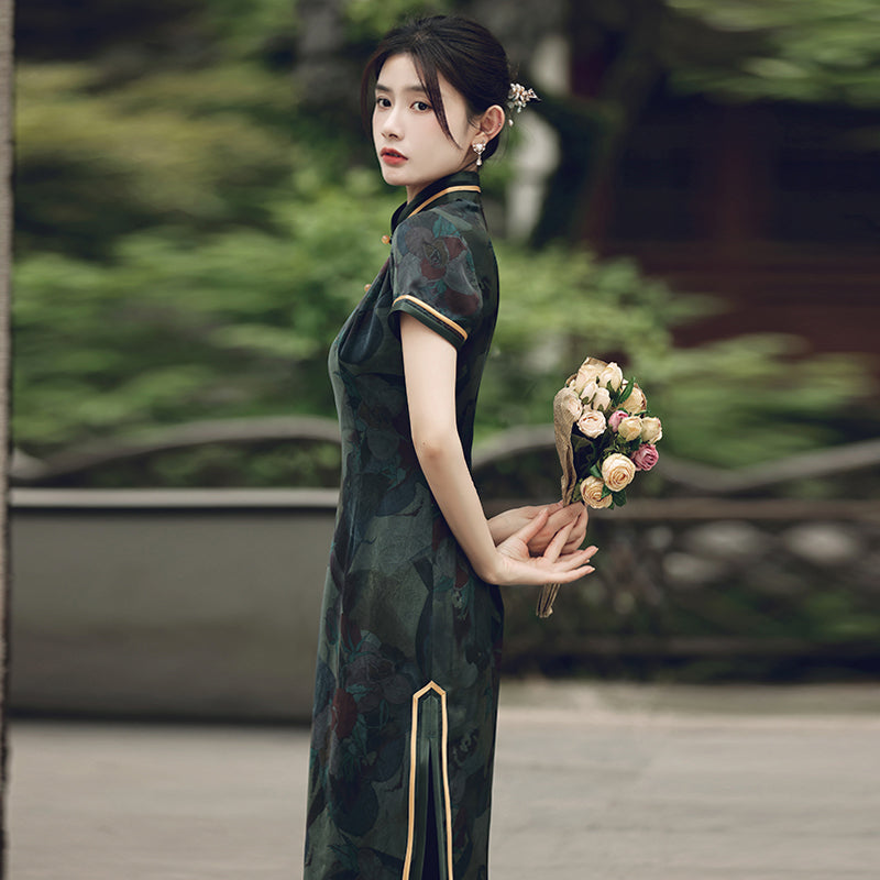 Traditional Green Full Cheongsam Dress - Satin | Silk