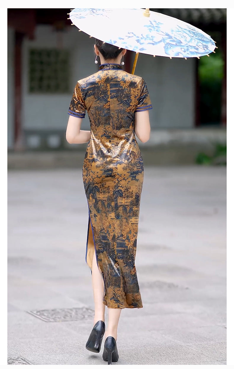 Traditional Chinese cheongsam dress. Ink painting satin cheongsam.