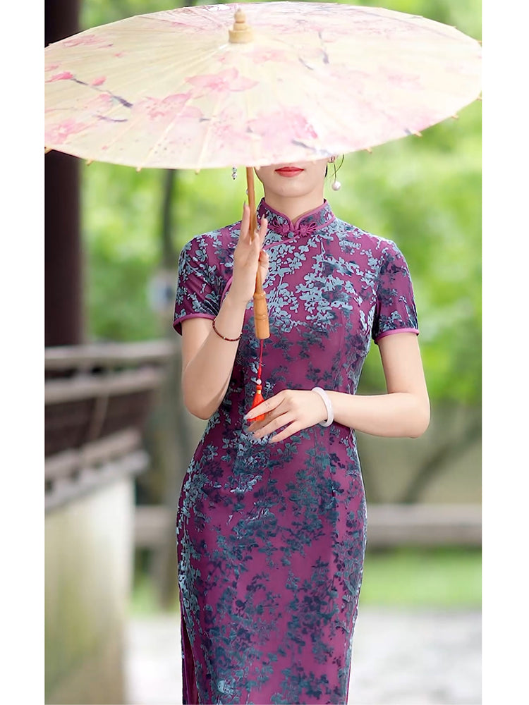 Traditional Chinese Dress | Purple Velvet Cheongsam | Modern Qipao Evening Dress