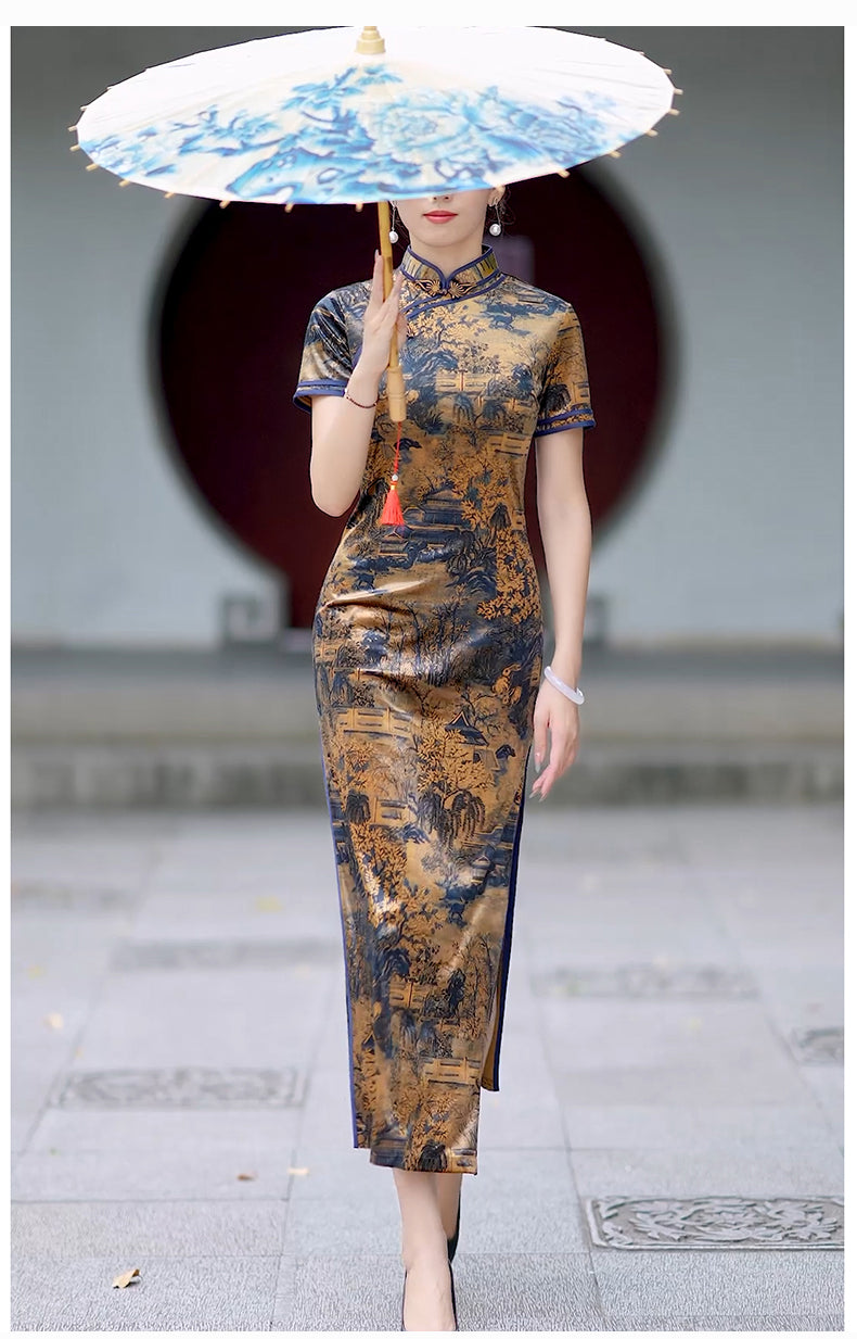 Traditional Chinese cheongsam dress. Ink painting satin cheongsam.