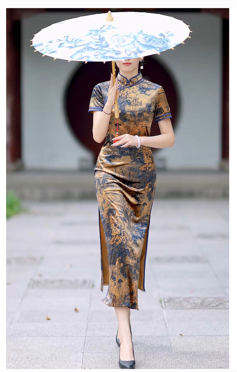 Traditional Chinese cheongsam dress. Ink painting satin cheongsam.