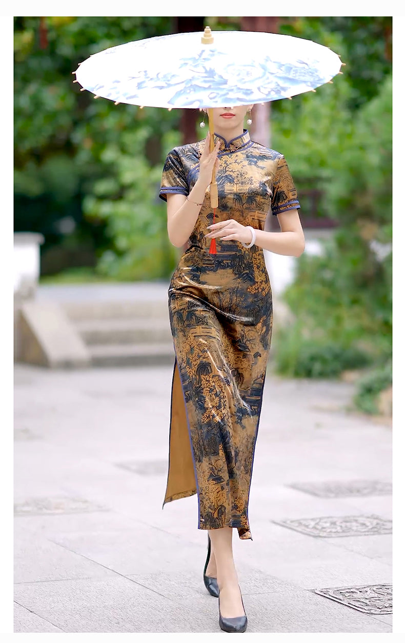 Traditional Chinese cheongsam dress. Ink painting satin cheongsam.