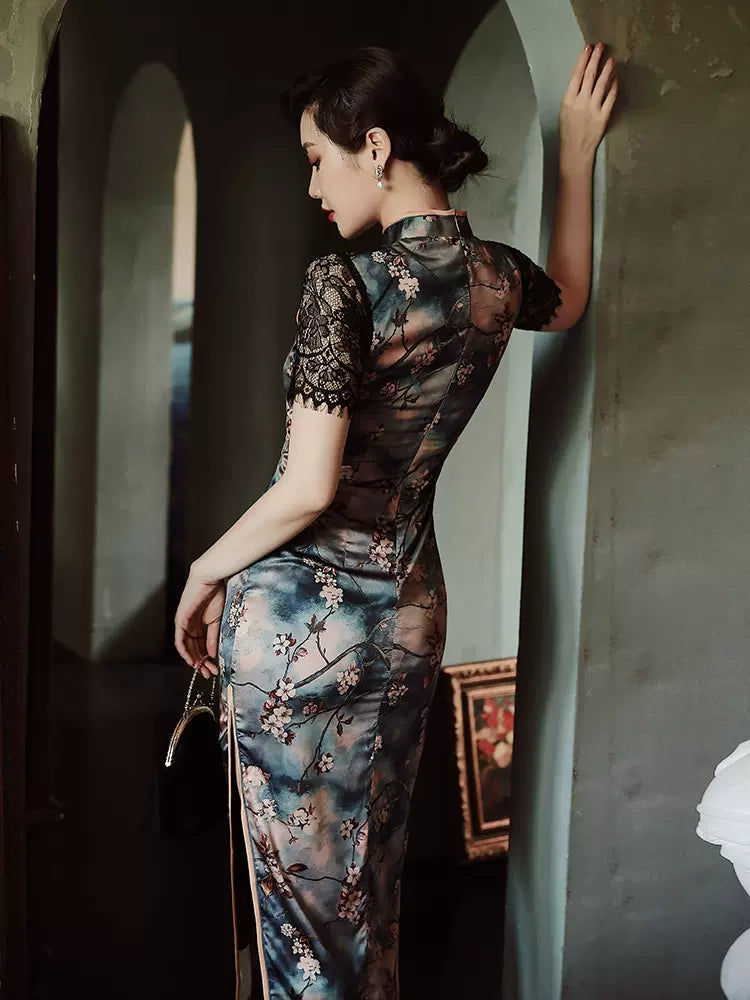 Sexy cheongsam dress with lace sleeves. Fully lined. custom dress