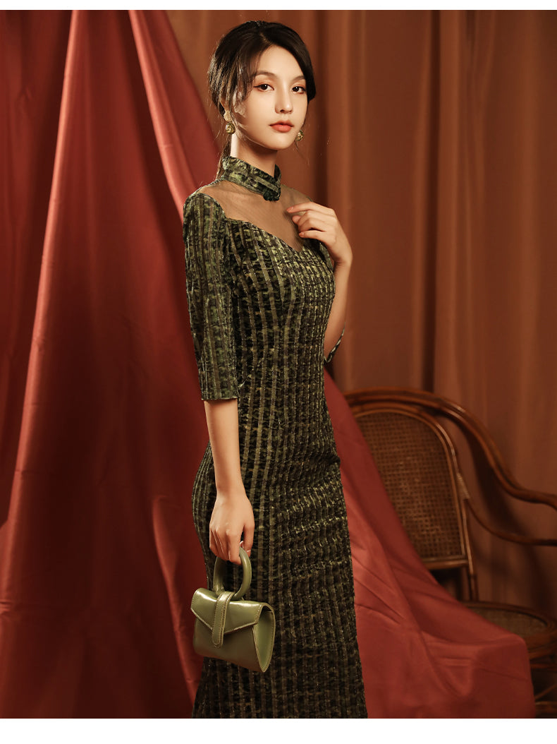 Elegant Green Full Cheongsam Evening Gown - Velvet