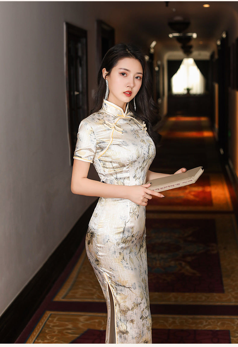 Champagne jacquard satin cheongsam. modern qipao. Silk polyester blend.