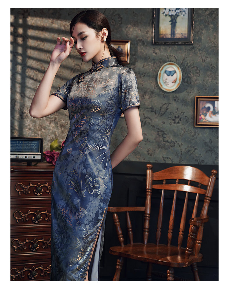 Traditional Blue Full Cheongsam Dress - Satin
