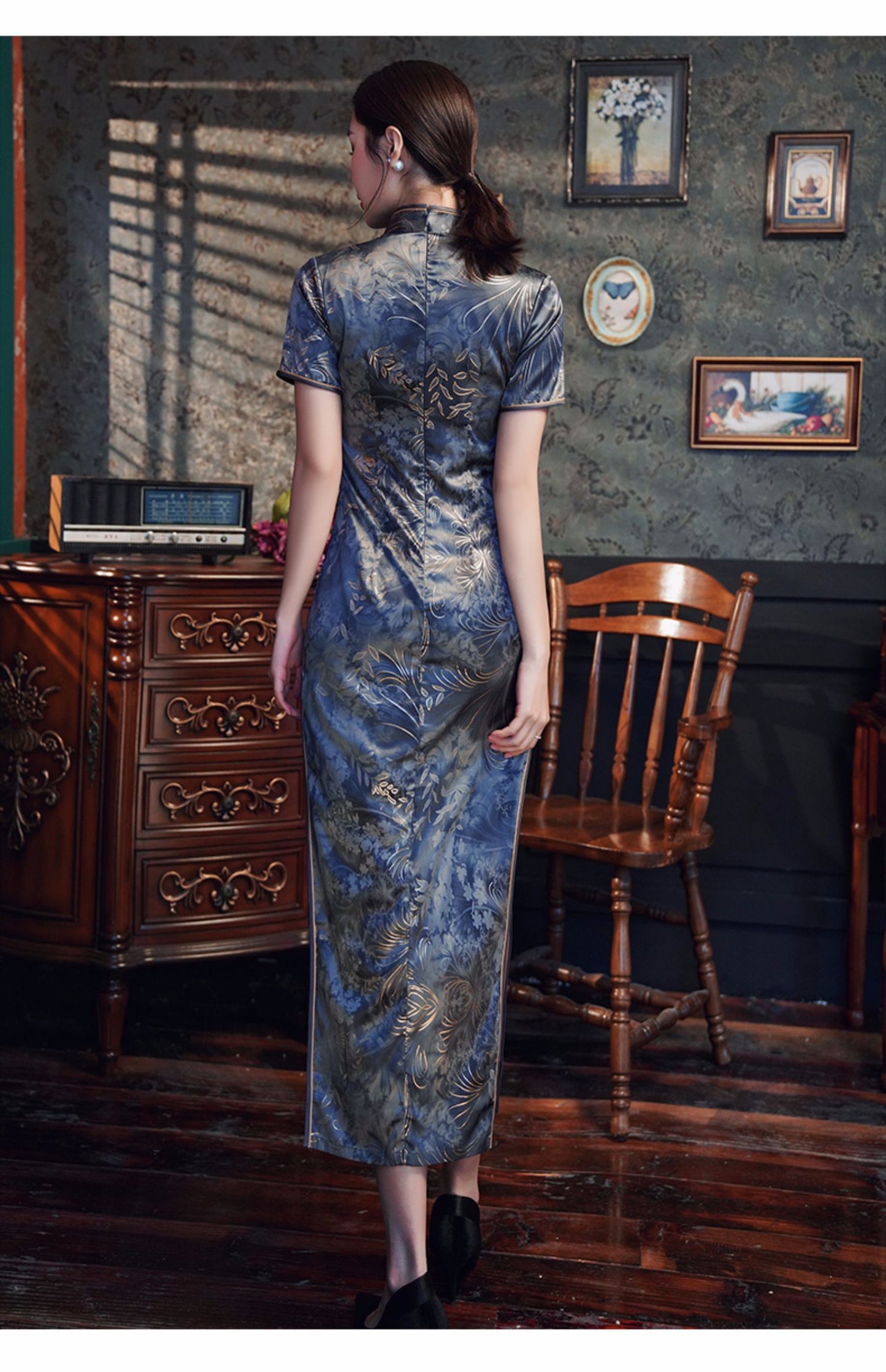 Traditional Blue Full Cheongsam Dress - Satin