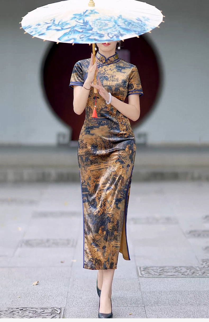 Traditional Chinese cheongsam dress. Ink painting satin cheongsam.