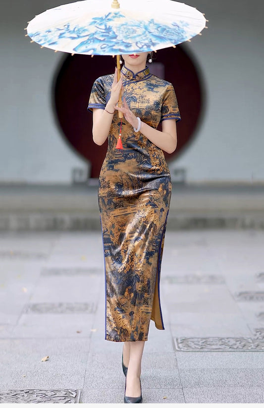 Traditional Chinese cheongsam dress. Ink painting satin cheongsam.