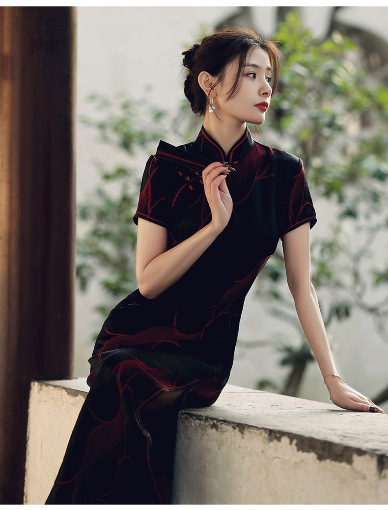 Traditional Black Full Cheongsam - Satin | Silk